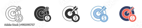 Strategic business success and financial goal achievement icon set, illustrating profitable investment, marketing targets, and monetary growth objectives