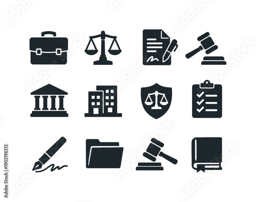 Corporate law. Solid icon set of Corporate law: legal briefcase, law scales, contract document, gavel, courthouse building, company building,