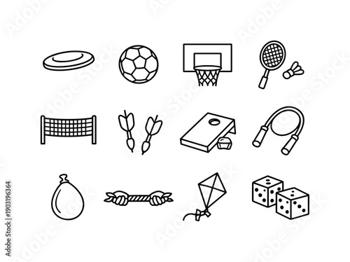Backyard games. Line icon set of Backyard games: frisbee, soccer ball, basketball hoop, badminton racket, volleyball net, lawn darts,