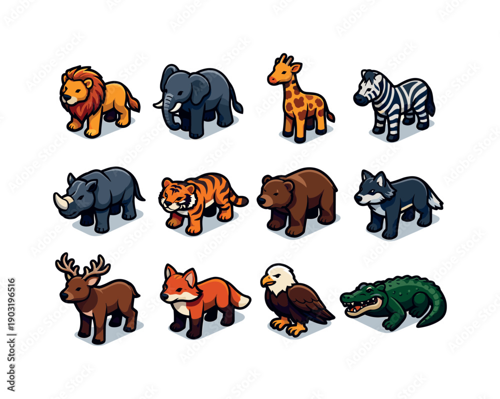 Obraz premium Wildlife. Colorful isometric vector icons set of wildlife: lion, elephant, giraffe, zebra, rhinoceros, tiger, bear, wolf, deer, fox, eagle,