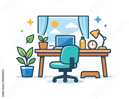Home office workspace focused on a chair and desk setup near a window with light decorative elements suggesting fresh air and balance. The