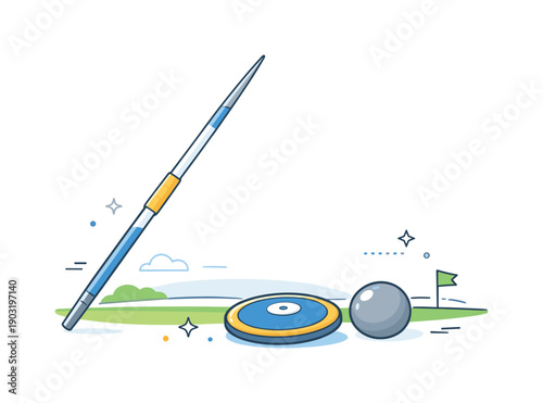 Athletic Gear Close-Up. Throwing equipment close-up. Illustration of a javelin, discus, or shot put on a clean field background with subtle abstract accents,