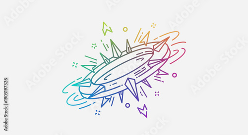 Vibrant rainbow outline graphic of a spiky geometric object creating an energetic, dynamic design