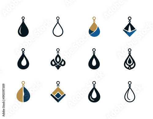 Earrings. Icon set. Set Logo of Earrings: dangling drop earring. harmonious logo variations of the same emblematic concept, each with