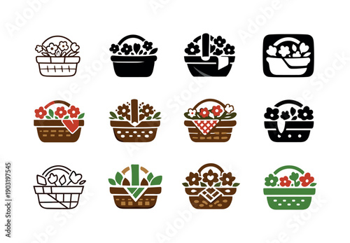 Spring picnic in nature. Icon set. Set Logo of Spring picnic in nature: picnic basket with flowers. harmonious logo variations of the same
