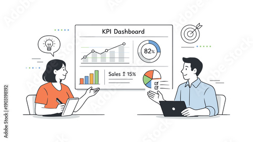 Team KPI review. Two people discussing performance metrics shown on a shared dashboard. Collaborative analysis, alignment, and strategic