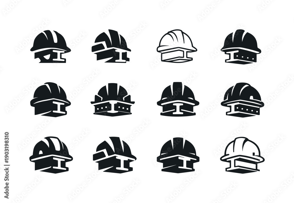 Fototapeta premium Ironworkers setting up steel beams and structures. Icon set. Set Logo of Ironworkers setting up steel beams and structures: safety helmet
