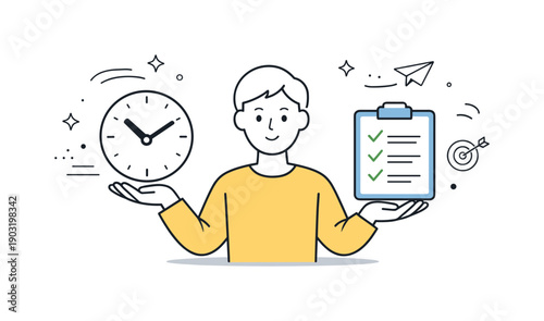 Balancing Tasks Efficiently. Time management efficiency. A person balancing a clock icon and task list, representing control over schedule and priorities. Calm