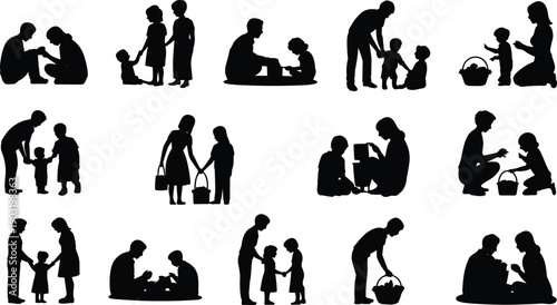 Family silhouette set with parents and children activities, parenting care and childhood moments concept, happy family life scenes isolated on white background illustration.