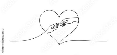 Love depicted through a heart shape integrating two hands reaching toward each other continuous one line drawing. minimal contour line art. A