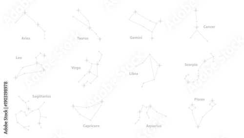 Silver gradient zodiac constellations set with twelve astrological signs on transparent background. Elegant vector illustration of horoscope symbols with stars for astrology and spiritual designs
