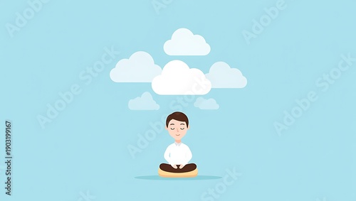 Meditating Figure with Clouds on Blue Background
