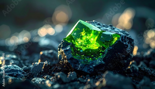 Brilliant Neon Green Crystal Gemstone Embedded in Dark Rough Rock Matrix, Illuminated Mineral Discovery, Close-up Macro Shot with Dramatic Bokeh Background