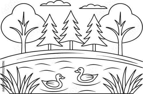 Nature coloring page design. Forest animals coloring page. Wildlife nature coloring page. Outdoor scenery coloring page. Plants and trees coloring page. Jungle nature coloring illustration