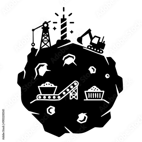 Construction workers operate heavy machinery on a mining site with drilling equipment.