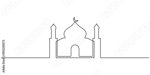 Minimalist, continuous one-line drawing of a mosque silhouette, Concepts for a symbol for Ramadan, Eid Mubarak, or Islamic design
