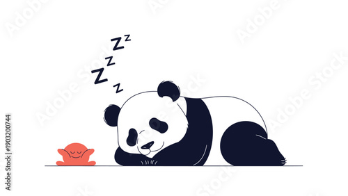 Giant panda bear sleeping peacefully next to a small red character in a simple and artistic black and white illustration.