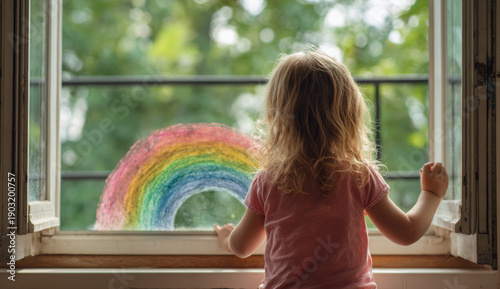 Little girl with wavy, blonde hair drawing colorful rainbow on a glass window using vibrant markers, enjoying creative art activity indoors