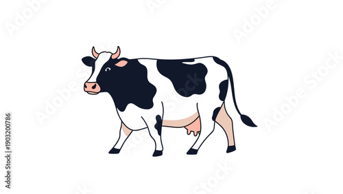 Black and white spotted dairy cow walking calmly across a plain white background in a simple and clear cartoon illustration.