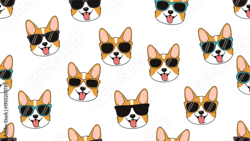 Seamless pattern featuring cute corgi dog faces wearing different colored sunglasses on a clean white background.