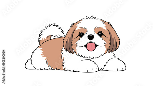 Cute shih tzu dog lying down and smiling with its tongue out in a detailed and colorful cartoon illustration on white.