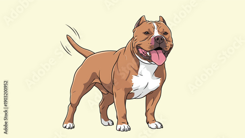 Strong and muscular american bully dog standing and wagging its tail in a detailed and powerful cartoon illustration.