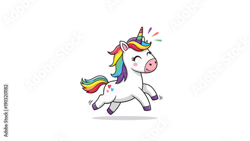 Magical white unicorn with a rainbow mane and tail galloping happily on a clean white background for children's fantasy themes.