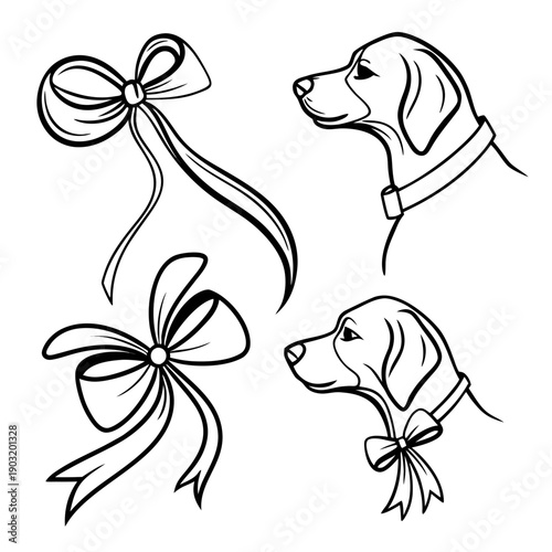 Elegant line drawings of dogs adorned with decorative bows in various styles Vector