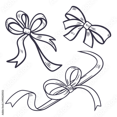 Three elegant bows with different ribbon styles and patterns. Vector