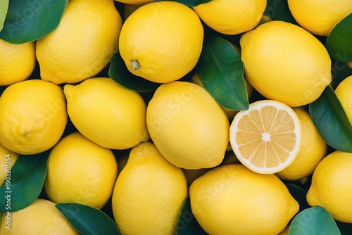 Fresh lemons are stacked with green leaves and one lemon is cut in half on top of a wooden surface during daylight