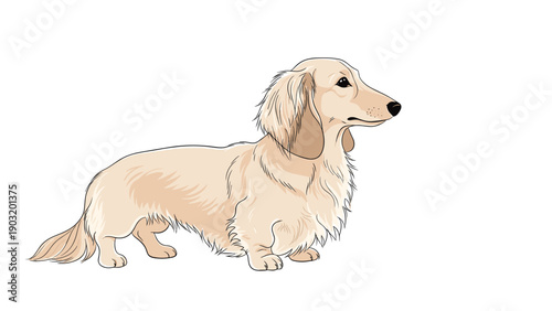 Elegant cream colored long haired dachshund dog standing and looking sideways on a clean white background for pet breed projects.