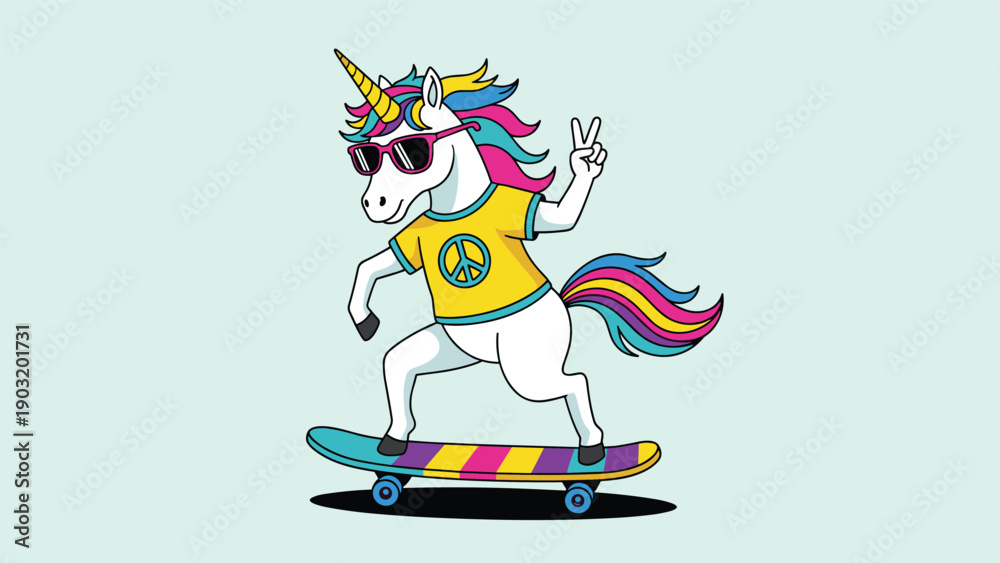 Naklejka premium Cool cartoon unicorn wearing sunglasses and a peace sign shirt while riding a colorful skateboard on a light blue background.