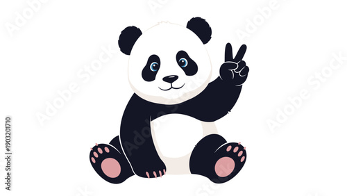 Adorable panda bear sitting comfortably on a white background and making a peace sign gesture with its right paw.