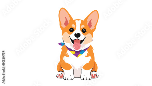 Happy welsh corgi puppy sitting upright and wearing a vibrant colorful patterned neck scarf on a plain white background.