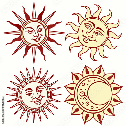 Four vibrant sun illustrations with varying expressions and colors Vector