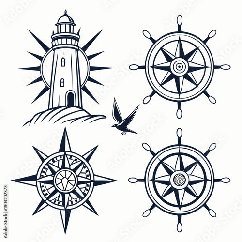 Illustrations of a lighthouse and three different types of compasses Vector