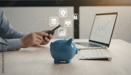 Digital Banking and Financial Growth Concept with Piggy Bank and Smartphone