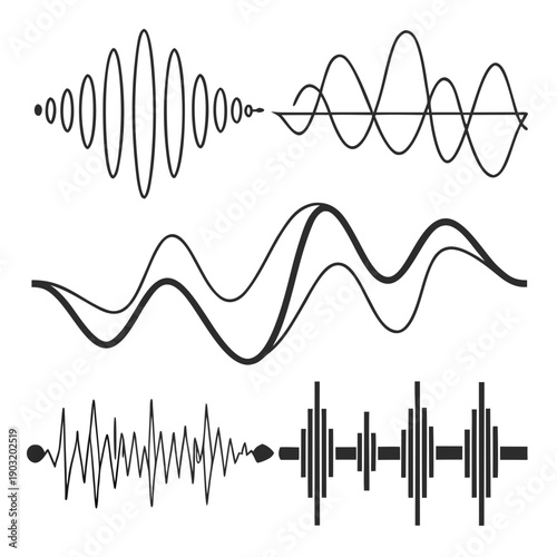 Illustration of various wave patterns and sound frequencies Vector