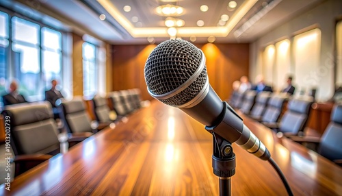 Microphone on table in boardroom, blurry figures in background