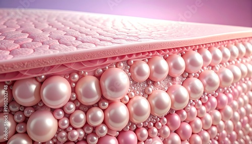 Microscopic cross-section of pink skin, showing cellular structure with spheres