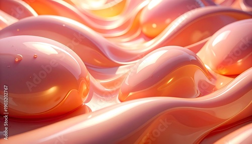 Glossy, flowing, pink and orange liquid with smooth, bulbous forms