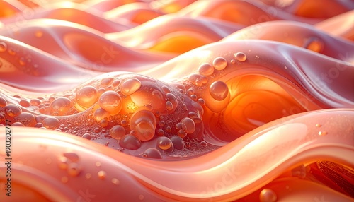 Abstract, glossy, fluid, wave-like forms with water bubbles