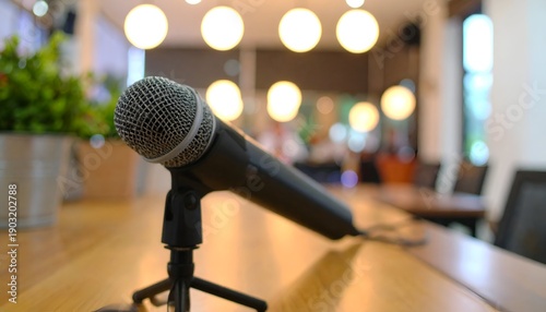 A microphone on a table in a blurred room with lights