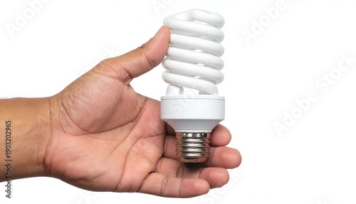 Hand holding a white, spiral-shaped light bulb, isolated on white