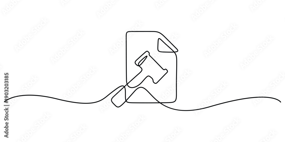 Obraz premium Continuous one line drawing of judge's gavel resting on a document, Concepts of law, justice, and legal proceedings