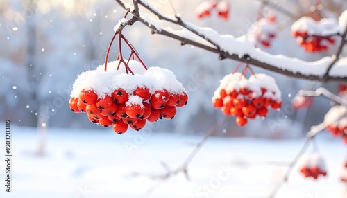 Bright red berries, snow-covered, on branches in a winter wonderland