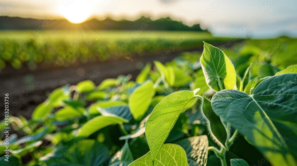 Obraz premium Vibrant Green Soybean Plants Growing in Field Under Warm Sunshine During Sunset