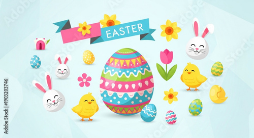 Colorful easter eggs bunnies chicks and flowers on a pastel background with a decorative banner