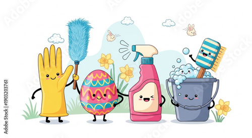 Cartoon cleaning supplies and tools with smiling faces in a garden