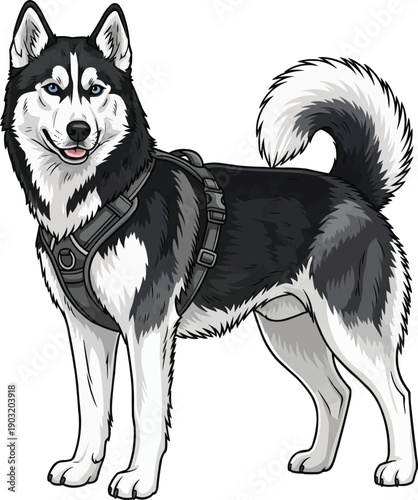 Siberian Husky dog standing wearing harness sled dog illustration